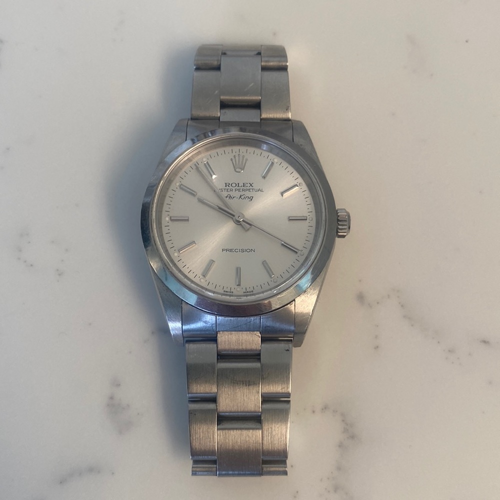 Rolex Silver Stainless Steel Air-King Watch with White Dial